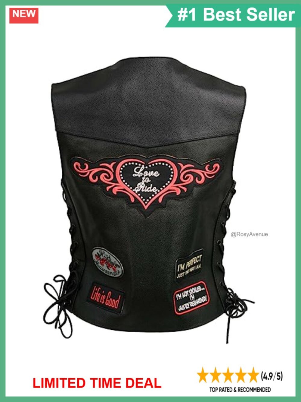 Real Leather Motorcycle Vest with 9 Embroidered Patches and Side Laces